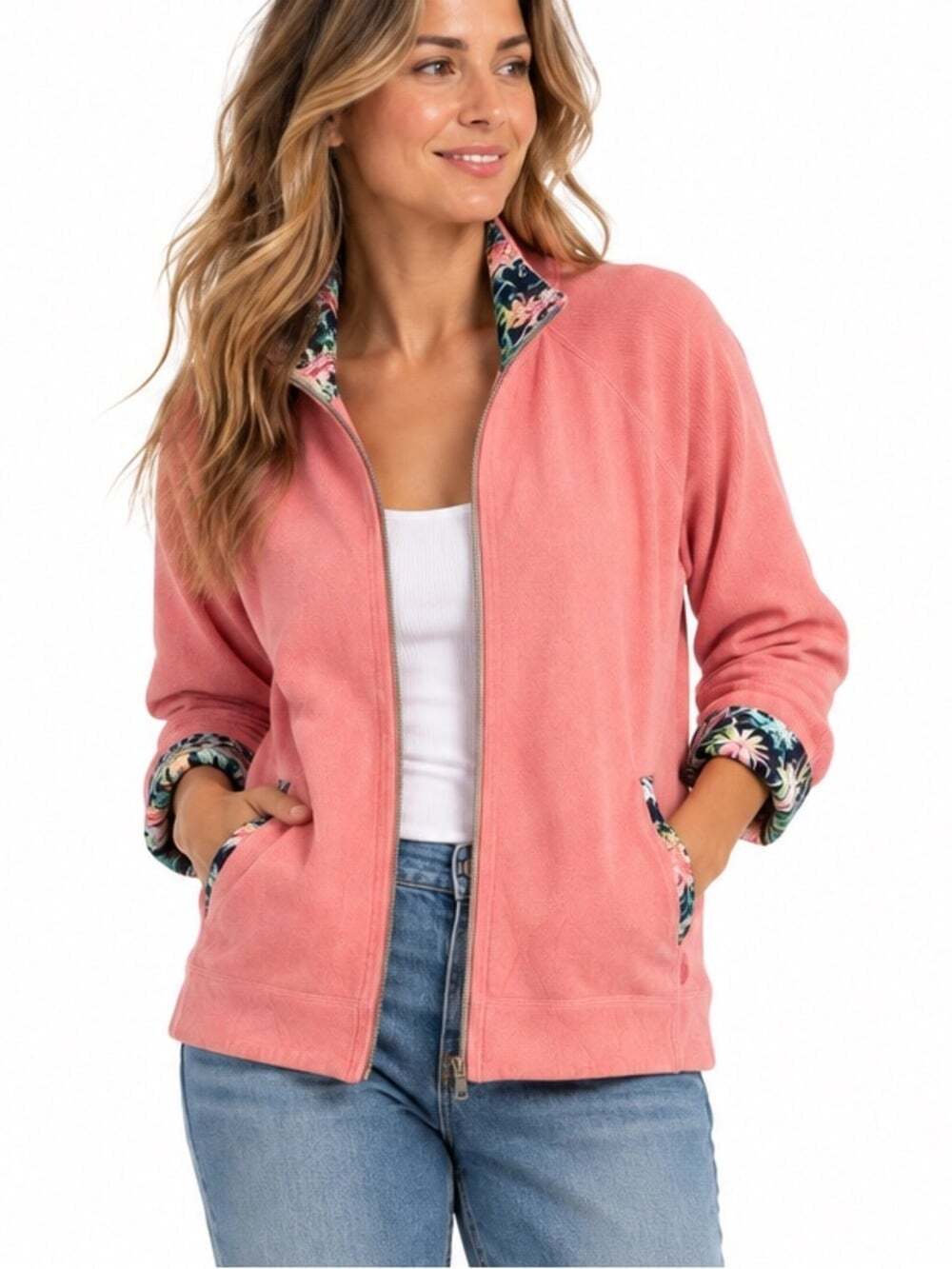 Tommy Bahama Aruba Full Zip Sweater XL Coral Pink Cotton Stretch Resort Travel